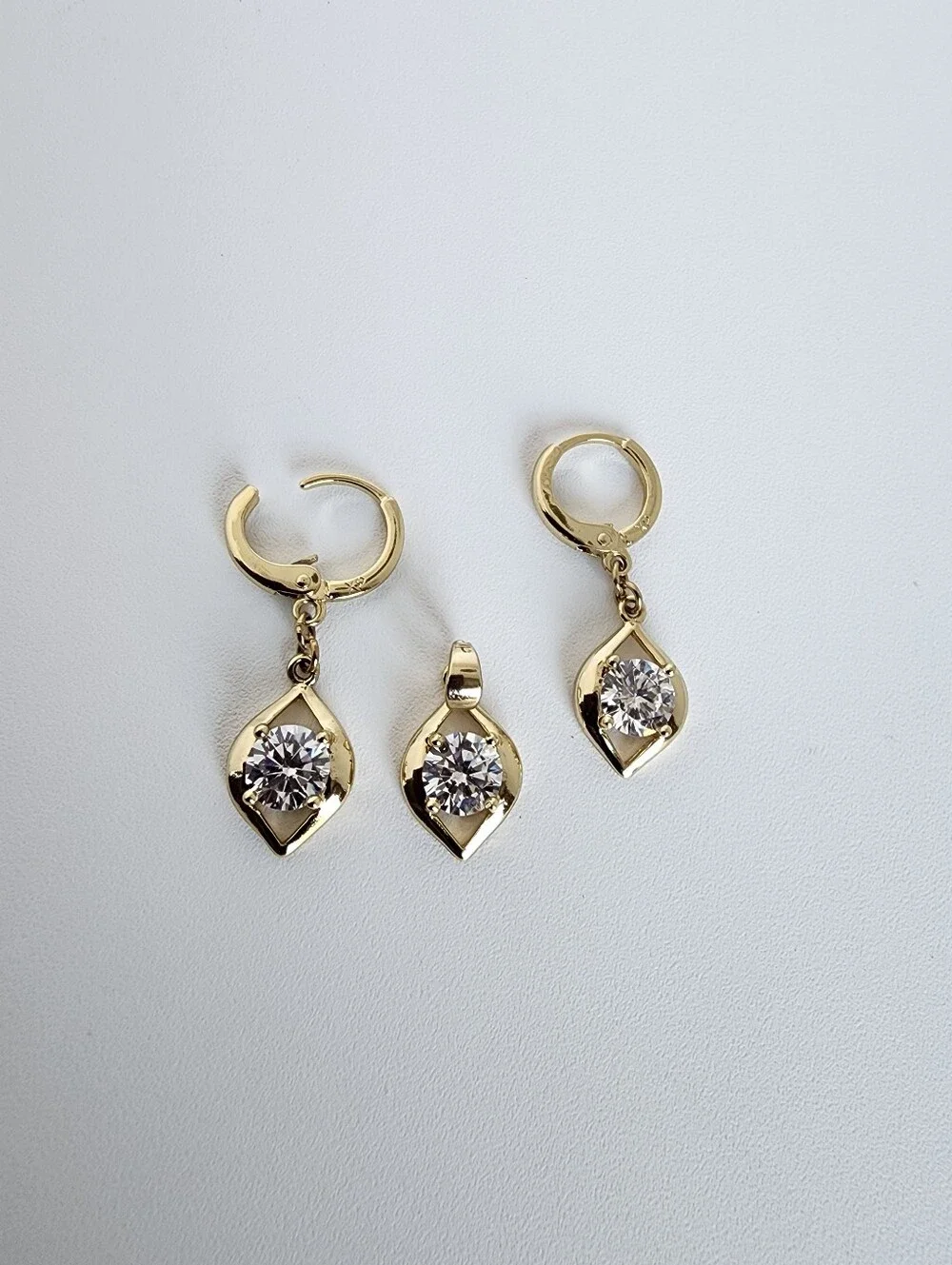 Gold Plated CZ Teardrop Pendant & Hoop Earrings Jewelry Set New